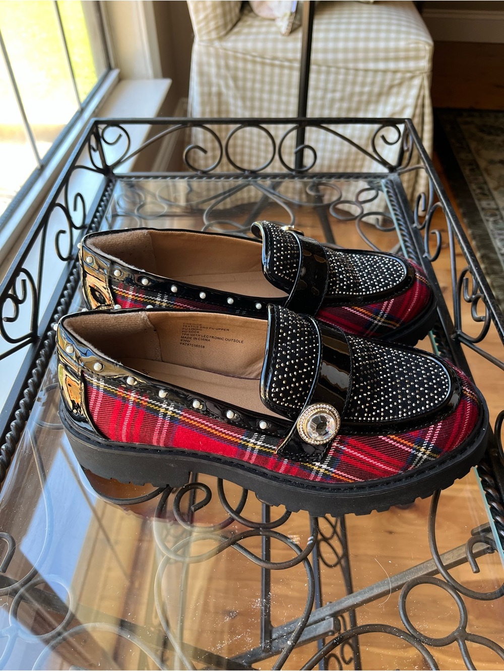 Betsey Johnson Black Patent & Red Plaid Loafers with Stud Detail - Picture 2 of 5
